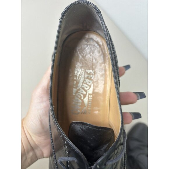 Salvatore Ferragamo Men 10 D Black Leather Wingtip Lace-Up Oxford Dress Shoe GUC